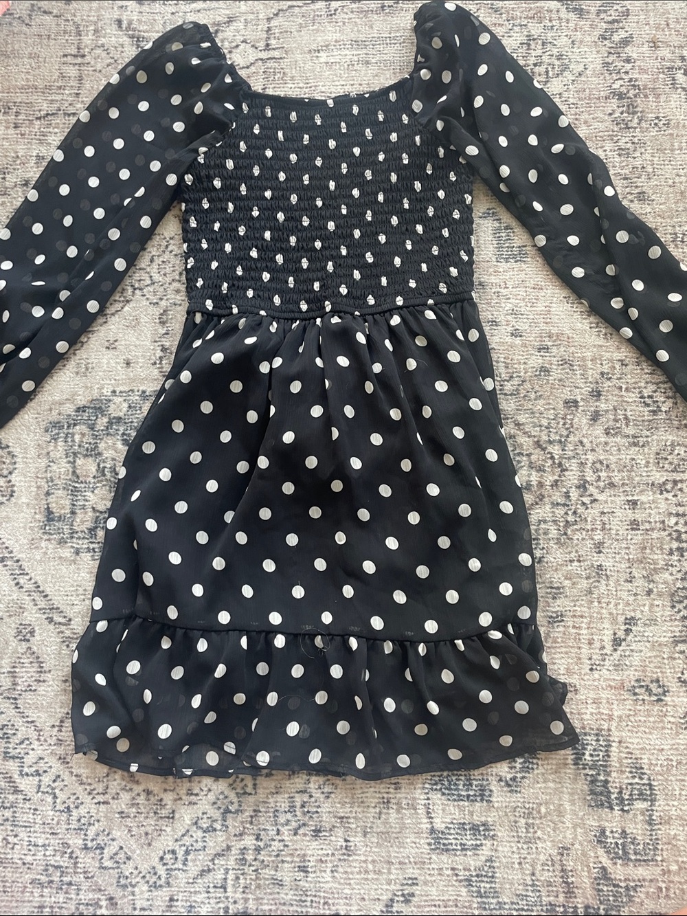 art class Black and White Polka Dot Long Sleeve Smocked Dress